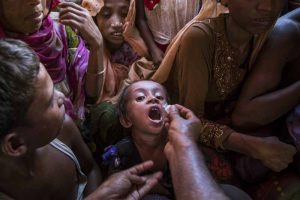 Unicef supplies vaccines for a massive cholera vaccination campaign targeting all Rohingya refugees arrived in Bangladesh, on the 10th of October 2017. In Shafullarkata refugee camp vaccinators working in small groups deliver the oral vaccine in outreach points within the camp.