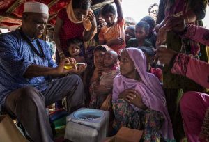 Unicef supplies vaccines for a massive cholera vaccination campaign targeting all Rohingya refugees arrived in Bangladesh, on the 10th of October 2017. In Shafullarkata refugee camp vaccinators working in small groups deliver the oral vaccine in outreach points within the camp.