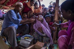 Unicef supplies vaccines for a massive cholera vaccination campaign targeting all Rohingya refugees arrived in Bangladesh, on the 10th of October 2017. In Shafullarkata refugee camp vaccinators working in small groups deliver the oral vaccine in outreach points within the camp.