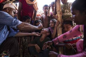 Unicef supplies vaccines for a massive cholera vaccination campaign targeting all Rohingya refugees arrived in Bangladesh, on the 10th of October 2017. In Shafullarkata refugee camp vaccinators working in small groups deliver the oral vaccine in outreach points within the camp.