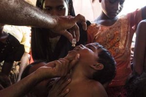 Unicef supplies vaccines for a massive cholera vaccination campaign targeting all Rohingya refugees arrived in Bangladesh, on the 10th of October 2017. In Shafullarkata refugee camp vaccinators working in small groups deliver the oral vaccine in outreach points within the camp.